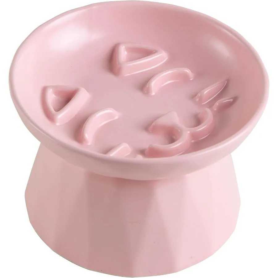 Slow Feeder Cat Food Wide Bowl Neck and Whisker Friendly Elevated Prevent Vomiting cat face Cat face Style Ceramic Color Pink C251009