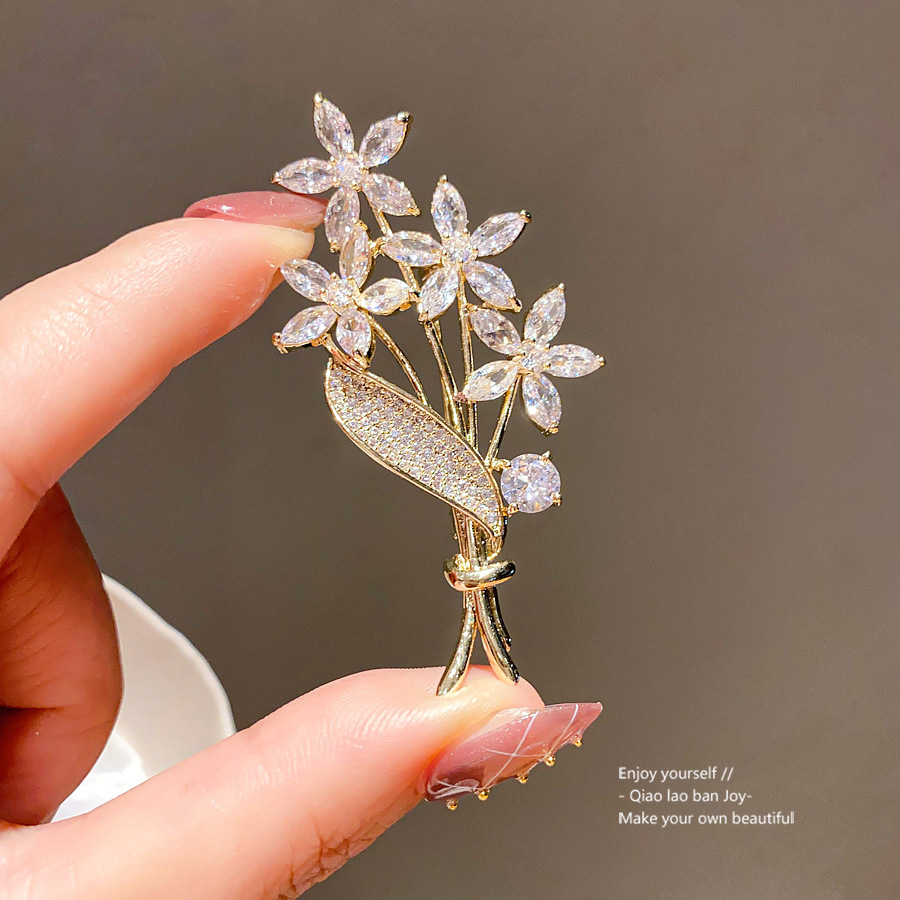 Gold Toned Brooch With Rhinestone - Encrusted Floral Leaf Design Delicate Daily & Elegant Jewelry Gift For Her Exquisite And Luxe Accessory