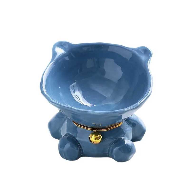 New Cat Bowl Ceramic Large Diameter Pet Bowl Diagonal Mouth Neck Protection Cat Food Bowl High Foot Cartoon Animal Ceramic Bowl C251009
