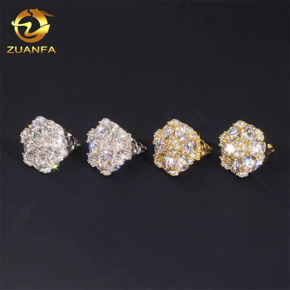 Hip Hop 14K Real White Gold Round Lab Diamond Cluster Flower Earrings EverLasting Gift for Women Men Fine Jewelry