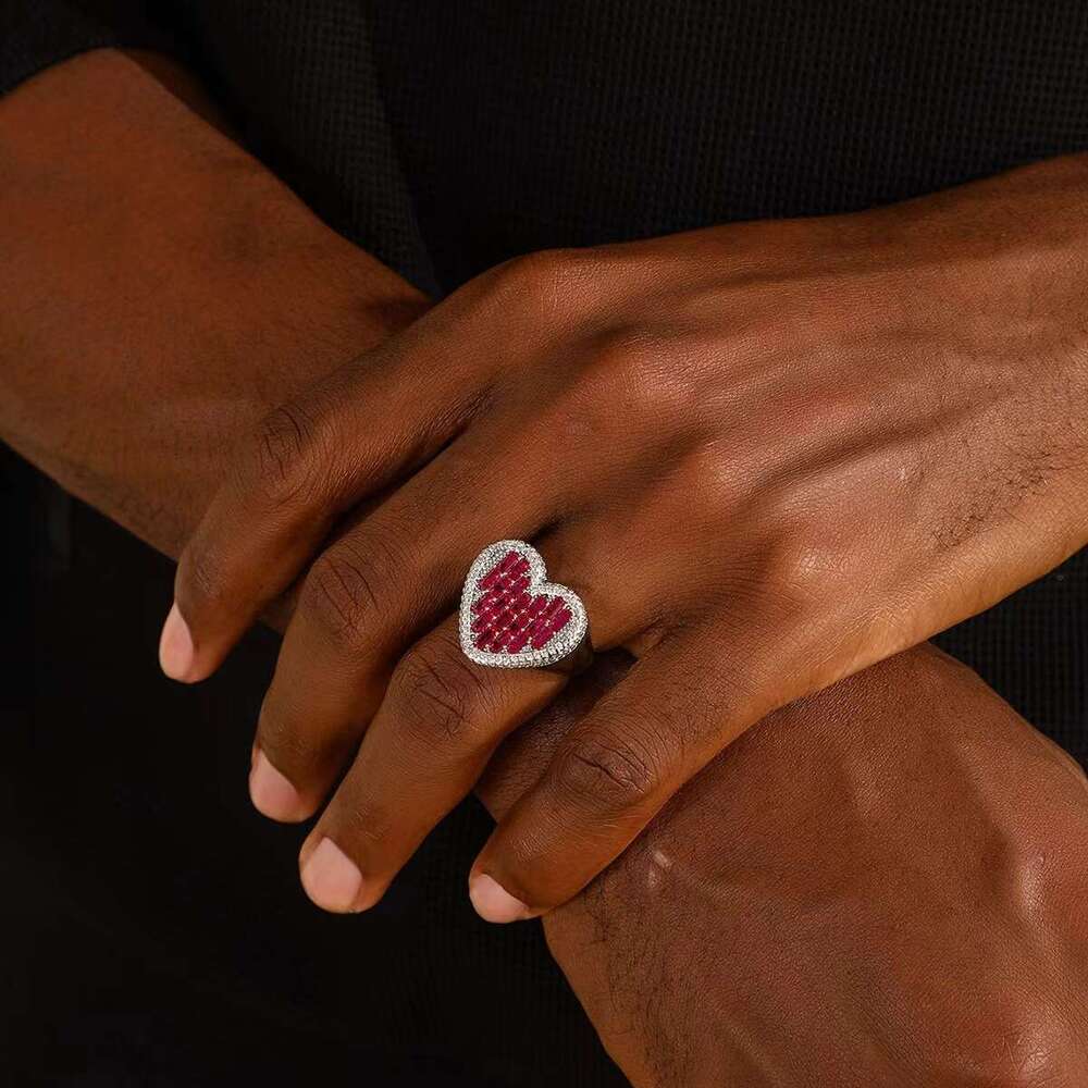 Hot Selling Item Heart-Shaped Design Micro-Paved Colorful Zircon Business Men's Hip-Hop Dominant Large Ring