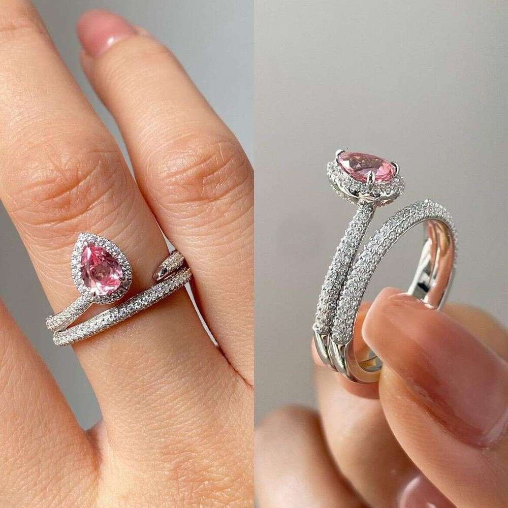 Ring Fine Jewellery Snake Shaped Multi Layer Design with Micro Paved Cubic Zirconia Surround and Pink Cubic Zirconia Water Drop for Party Wear Gift Te