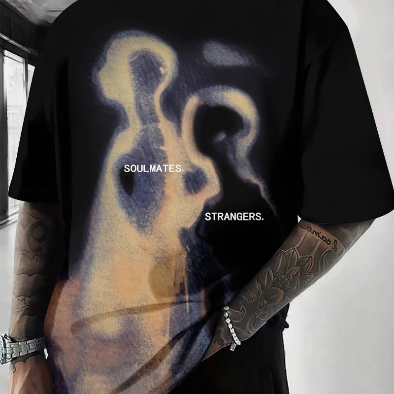 Men's Artistic "Soulmates & Strangers" Graphic Oversized T-Shirt - Abstract Print Casual Tee-38