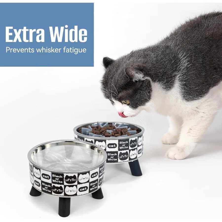 2PCS Elevated Cat Bowls with Slow Feeder Wide Raised Stainless Steel Cat Dishes Plastic Stand Silicone Slow Food Dispenser Whis C251009
