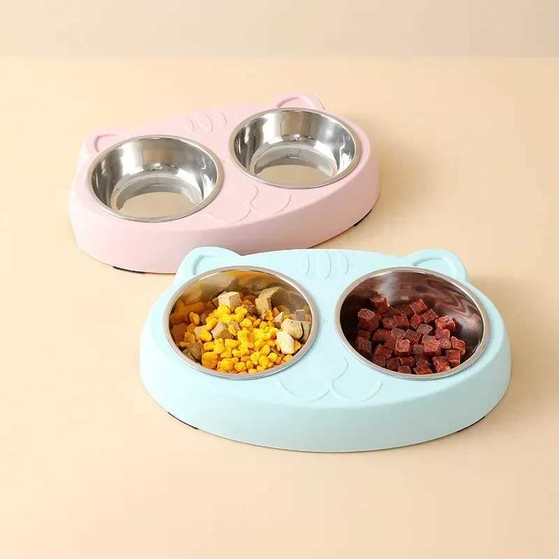 Macaron Pet Double Bowl Plastic Kitten Dog Food Drinking Tray Feeder Cat Feeding Pet Supplies Accessories C251009