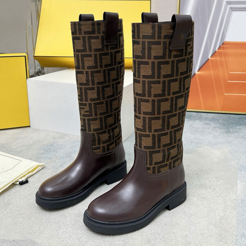 Black leather and brown fabric boots 8W8574 Womens Spliced Cowhide High boot Designer Tubular Leg Boots Ladie Classic Old Flower Motorcycle Boots Heel height