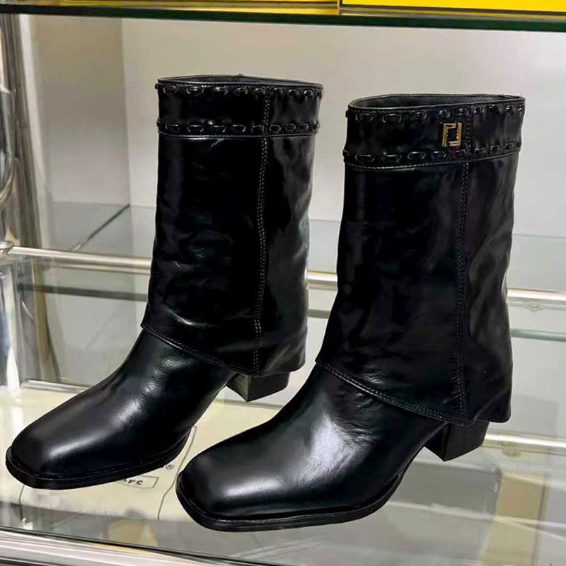 Minerva Brown Leather High Heeled Boots 8W8566 Womens Thick Heeled Pants Boot Designer Square Toe boot Ladie Flip Up Straight Boot Heel Height 55 mm With Boxs