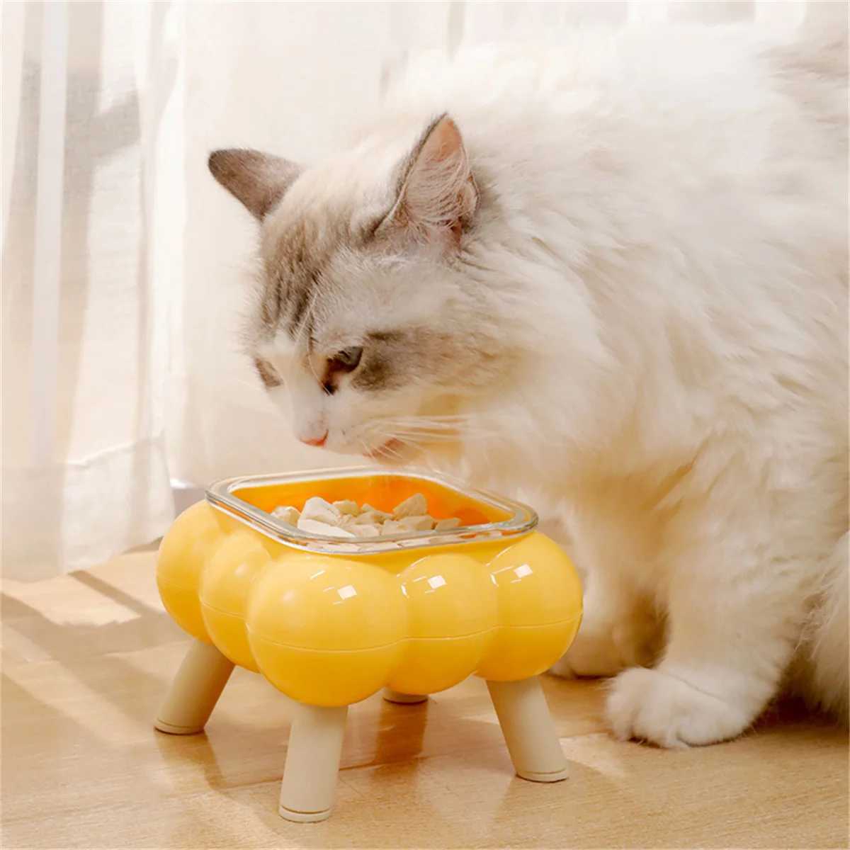 1 PCS New cat eating tall bowl bubble glass fourlegged highleg cat bowl easy to clean pet highlegged neck bowl C251009