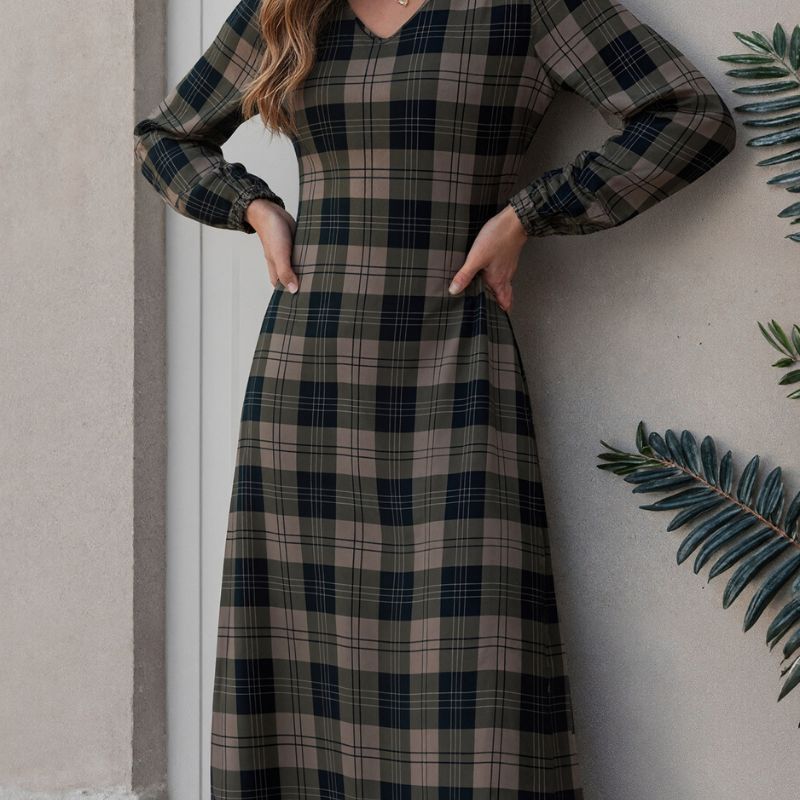 Women's Autumn Winter Plaid Print Midi Dress - Fashionable Commute Long - Sleeve Dress-CF56259