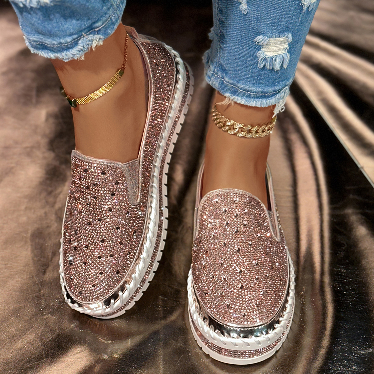 Women's Shoes 2026 Fashion Flats Rhinestone Bling Sewing Platform Loafers Luxury Shoes Casual Comfortable Female Shoes Designer Outdoor Sports Sh