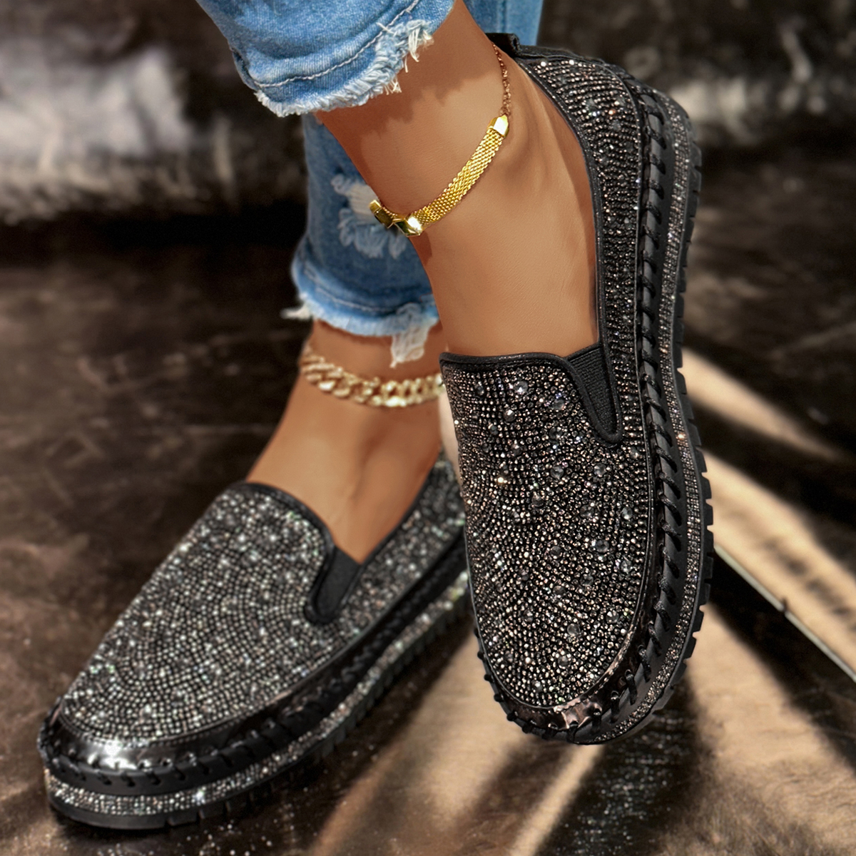 Women's Shoes 2026 Fashion Flats Rhinestone Bling Sewing Platform Loafers Luxury Shoes Casual Comfortable Female Shoes Designer Outdoor Sports Sh