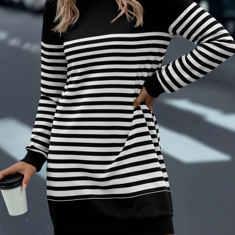 Women's Autumn Winter Striped Print Long - Sleeve Dress - Fashionable Commute & Outdoor Midi Dress-CF56283