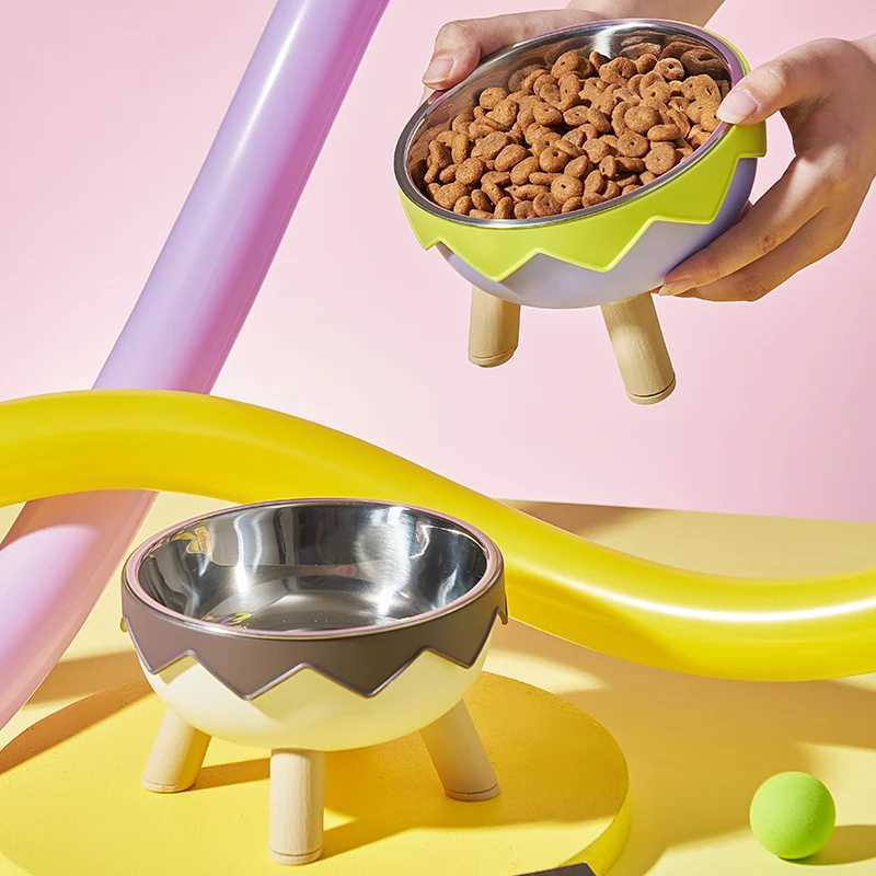 A colorful dopamine pet bowl Fashion feeding large capacity stainless steel dog bowl drinking water neck cat bowl egg shell high C251009
