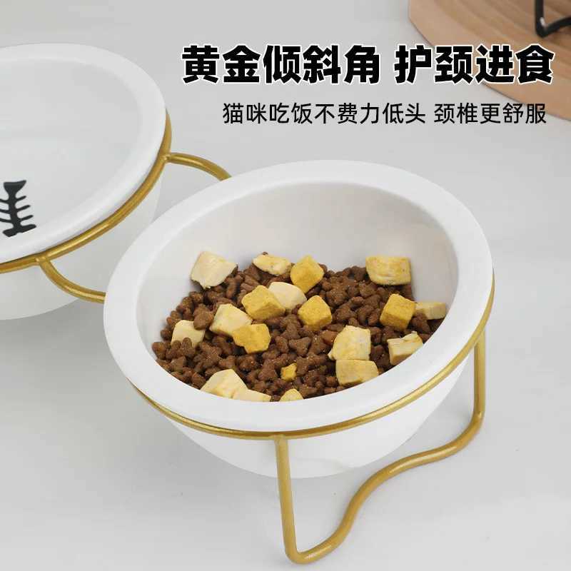 Ceramic Cat Bowls Set 2in1 Elevated Pet Feeder with Stand Dual Food Water Dish for Neck Support Anti Tip Dog Bowls C251009
