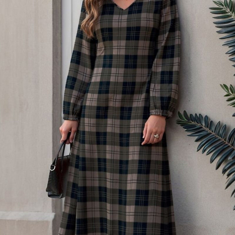 Women's Autumn Winter Plaid Print Midi Dress - Fashionable Commute Long - Sleeve Dress-CF56259