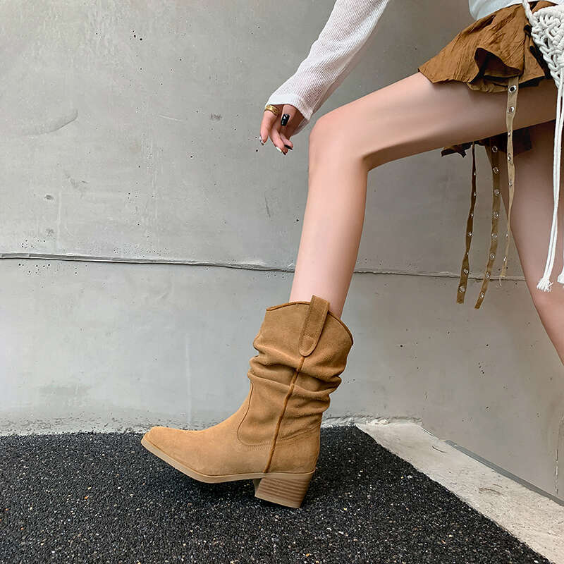 Genuine Leather Cow Suede Melard for Women Brown Wrinkled Slouch Western Cowboy Mid-Calf Short Martin Boots