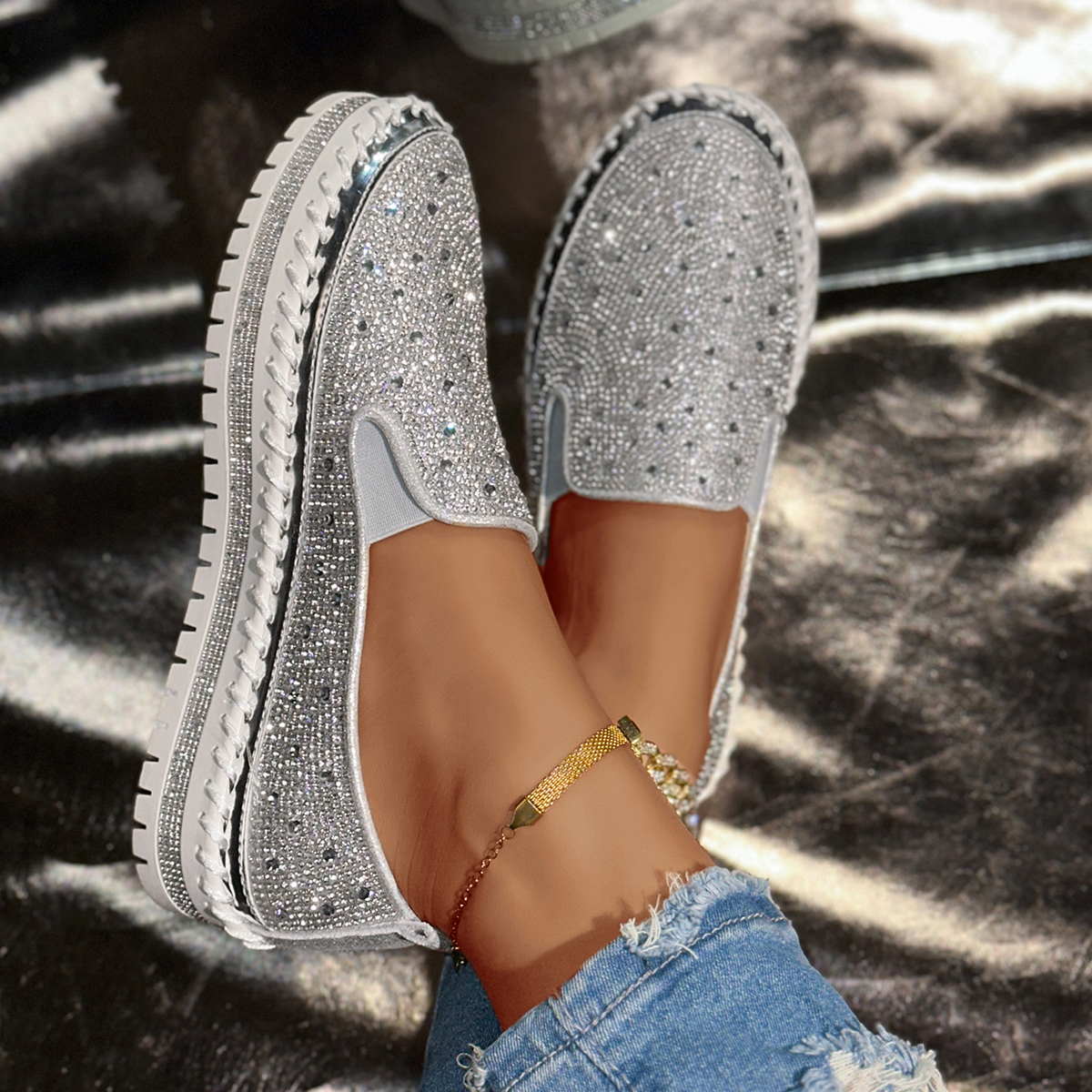 Women's Shoes 2026 Fashion Flats Rhinestone Bling Sewing Platform Loafers Luxury Shoes Casual Comfortable Female Shoes Designer Outdoor Sports Sh