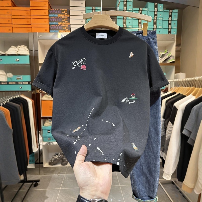 Summer Designer Shirt Men's Round Neck Designer Hoodie Short Sleeve T-shirt Versatile Trendy American Heavy Craft Embroidery Print Casual Half Sleeve Clothing