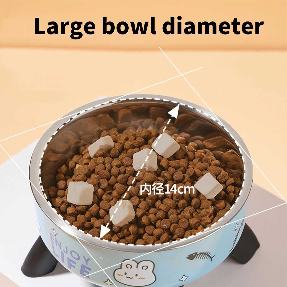 A cartoon printed highlegged pet bowl largecapacity stainless steel dog bowl neckprotecting cat bowl universal fashion and C251009