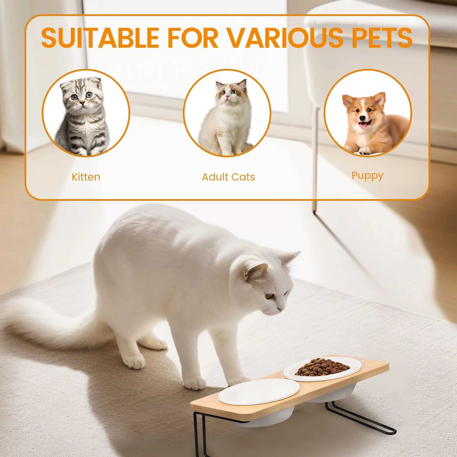 Elevated Cat Bowls Pet Feeder 15 Tilted Raised Cat Food Bowls with Wooden Stand Easy Cleaning Detachable Cat Food Bowl Kit C251009