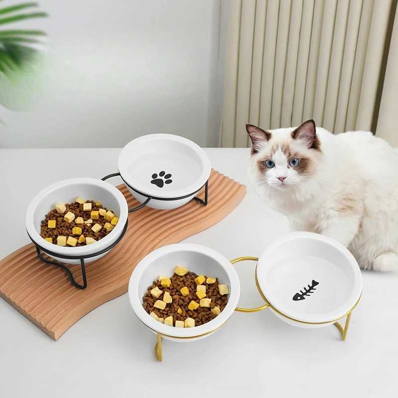 Ceramic Cat Bowls Set 2in1 Elevated Pet Feeder with Stand Dual Food Water Dish for Neck Support Anti Tip Dog Bowls C251009