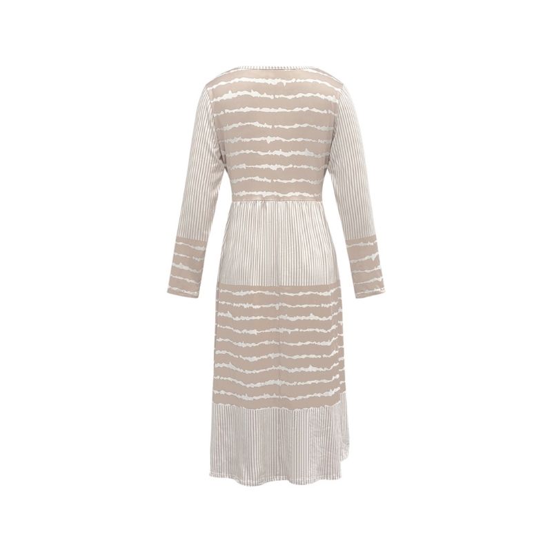 Women's Autumn Winter New Fashion Striped Print Long - Sleeve Midi Dress - Casual Versatile Khaki Dress-CF56243