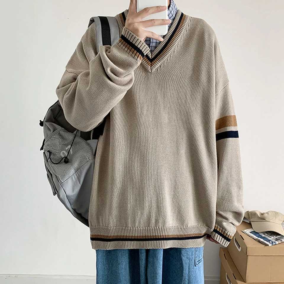 Mens Vneck Knitted Sweater Korean College Style Couple Loose Long Slve Top X251010
