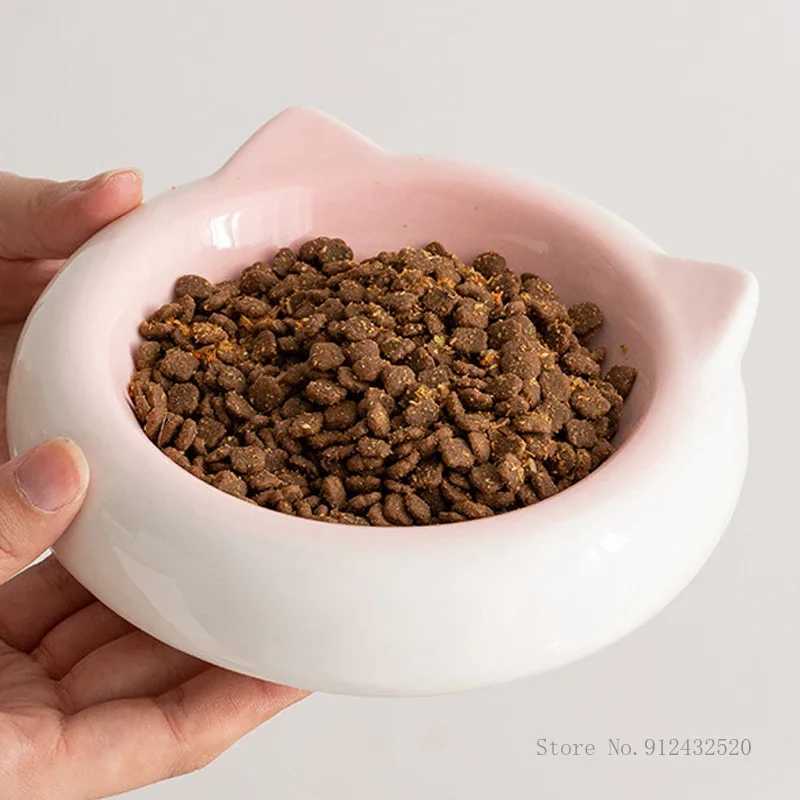 Creative Ceramic Flat Bottomed Cat Ear Shape Food Bowl Dining Plate Anti Overturning Pet Supplies Drinking Bowl 1Pc C251009