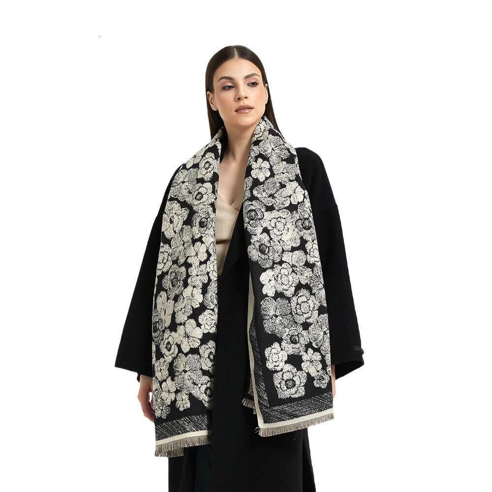 New Camellia Jacquard Imitation Cashmere Scarf for Women with Short Tassels, High-End Black Shawl