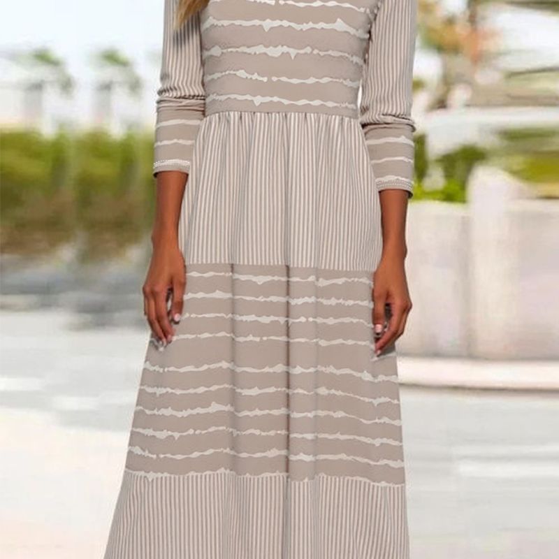 Women's Autumn Winter New Fashion Striped Print Long - Sleeve Midi Dress - Casual Versatile Khaki Dress-CF56243