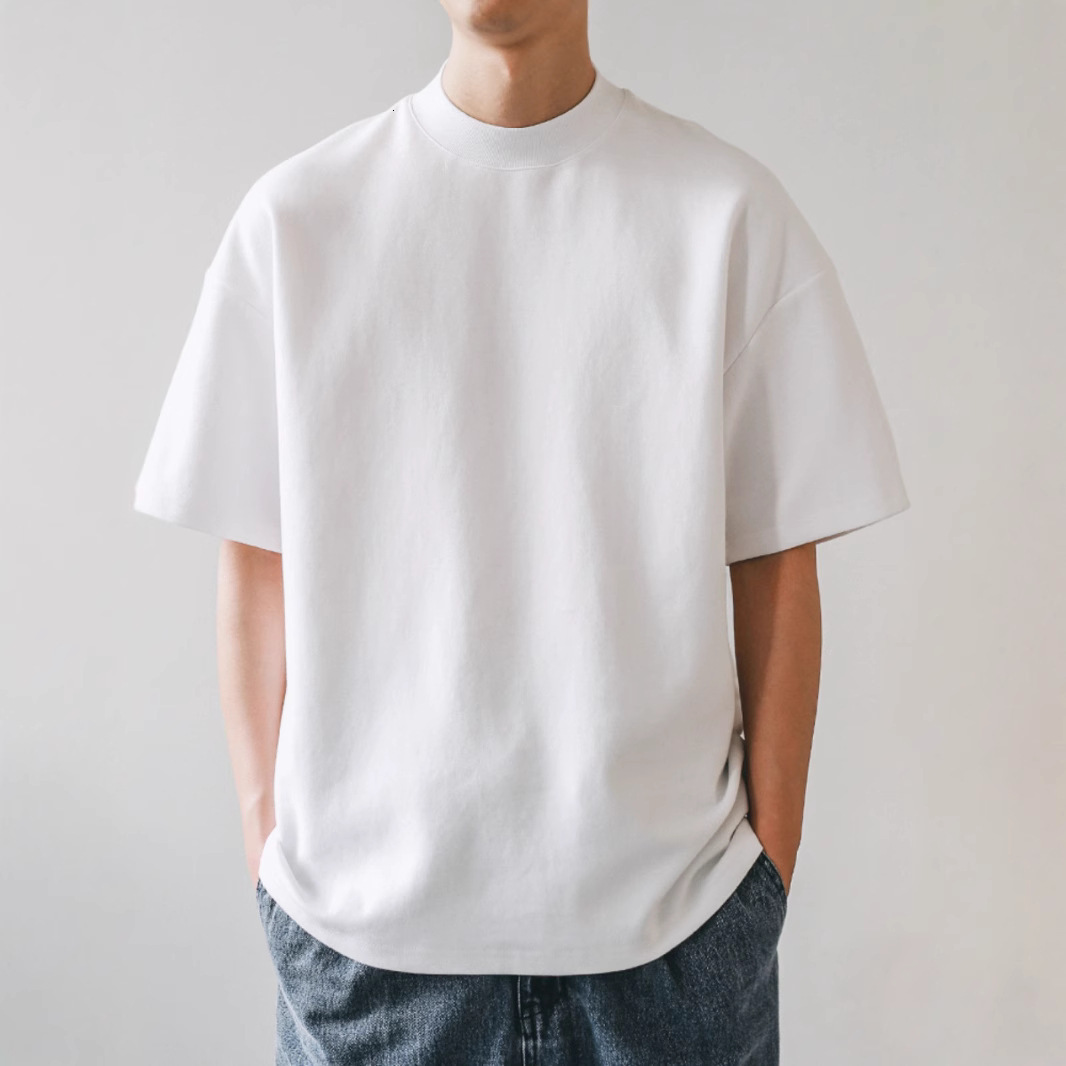 American Style Small Neckline Designer Shirt 300g Heavyweight Pure Cotton Short Sleeve T-shirt For Men Loose Fit Pure Designer Hoodie White Inner Layer Base Shirt
