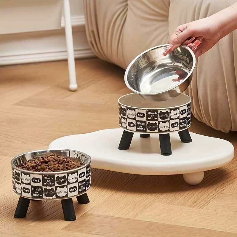 1pcsElevated stainless steel cat bowl with neck protection design anti slip anti pointed feeding tray for cats cat food bowl C251009