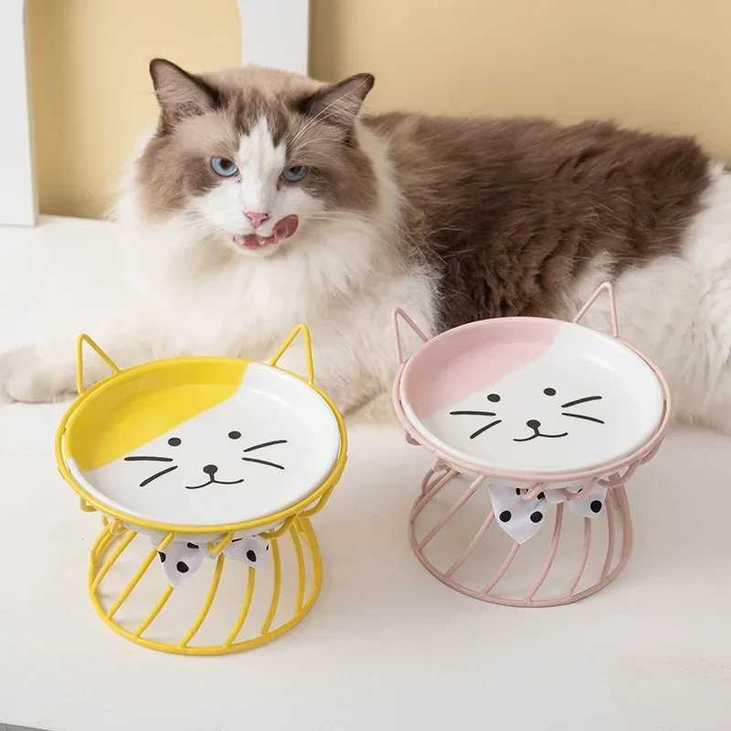 Cat Bowl Ceramic HighFoot Neck Guard Food Bowl Shallow Mouth Large Caliber Pet Food Bowl C251009