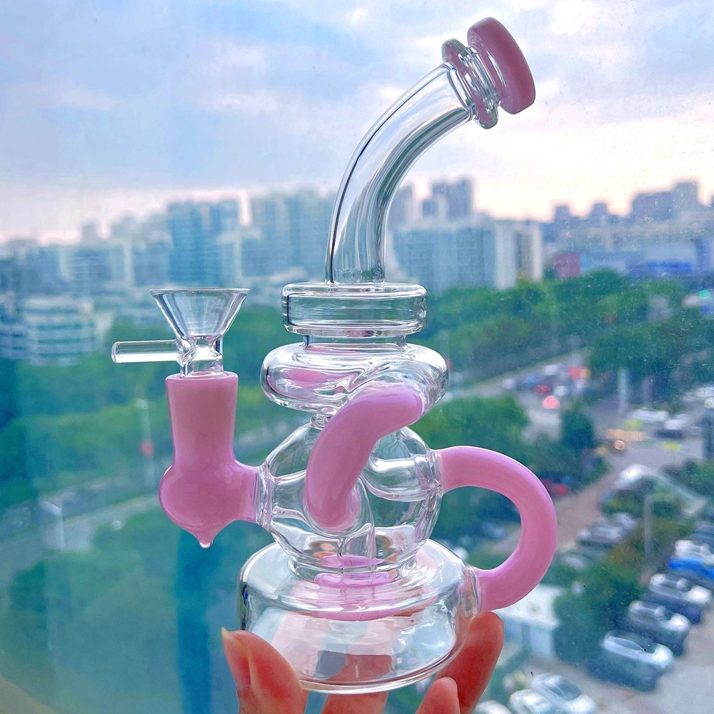 Recycler Pink Glass Bong Water Pipes Hookahs Oil Smoking Glass Water Bongs Bubbler With 14mm banger
