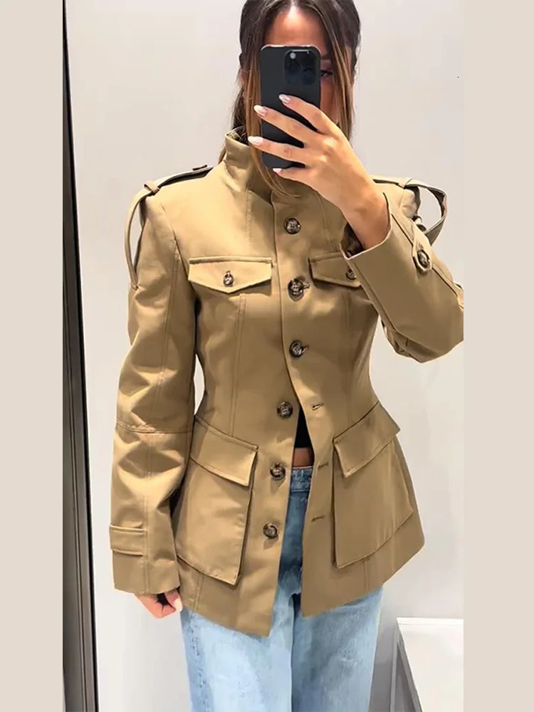 Stand Collar Khaki Cropped Trench Coat Jacket With Pockets Womens Spring Fall Button Front Slim Fit High Street Lady Outerwear251009