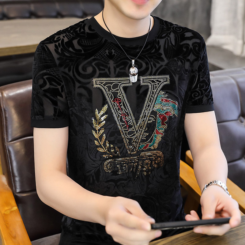 European Station Short Sleeve T-shirt Men Designer Shirt Famous Brand European Goods Hollow Designer Hoodie Silk T-shirt Fashion Trendy Brand Flocking