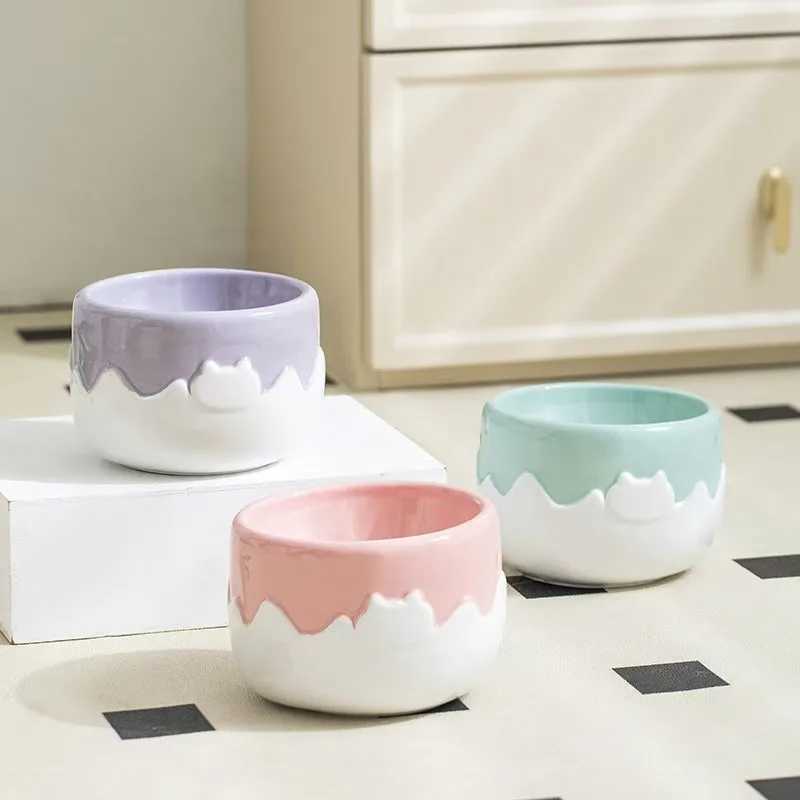 Ceramic Pet Bowl Wide Mouth Elevated Feeder NonSpill Cat Dog Food Water Dish for Eating Drinking with Neck Suppor C251009