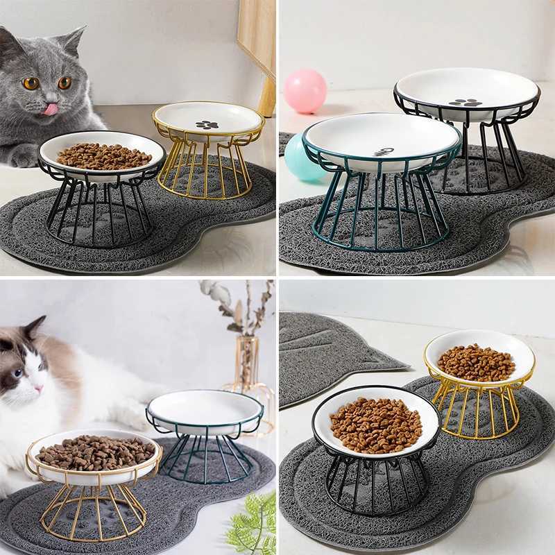 2024 New Pet Ceramic Bowl Iron Rack Cat Food Snacks Canned Plate AntiBlack Chin AntiTurning Water Does Not Leak Easy To Eat C251009
