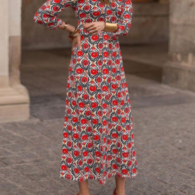Women's Autumn Winter Floral Print Long Sleeve Maxi Dress - Elegant Versatile Casual Dress-CF55125