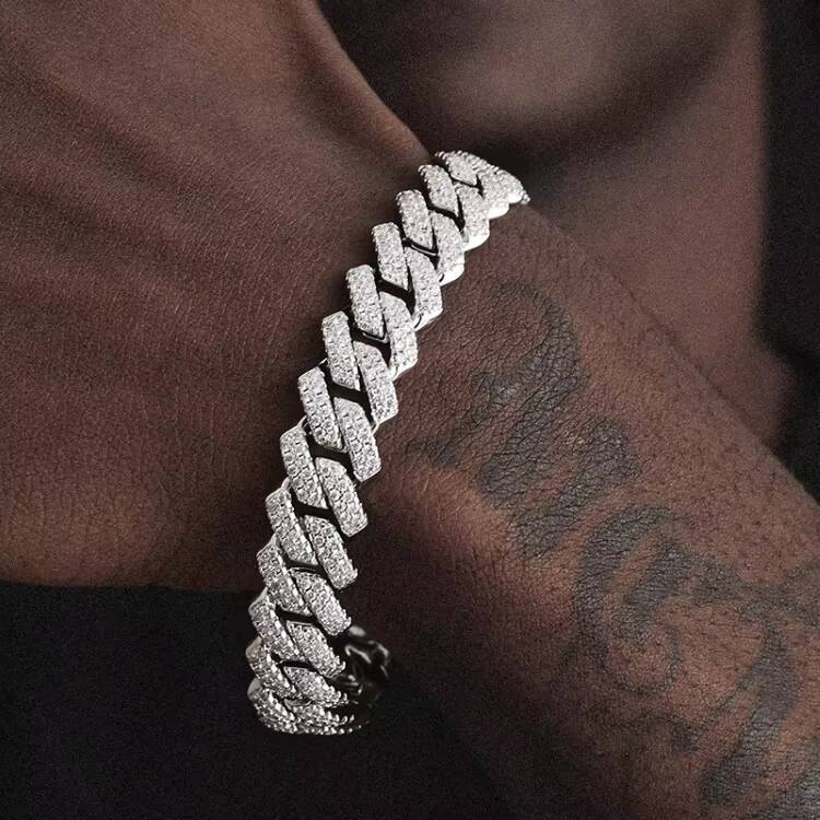 RTS Hot Sale Moissanite Bracelet 2rows 8mm20mm Wide Hip Hop Bracelet S925 Silver VVS Moissanite Diamond Cuban Bracelet for Men