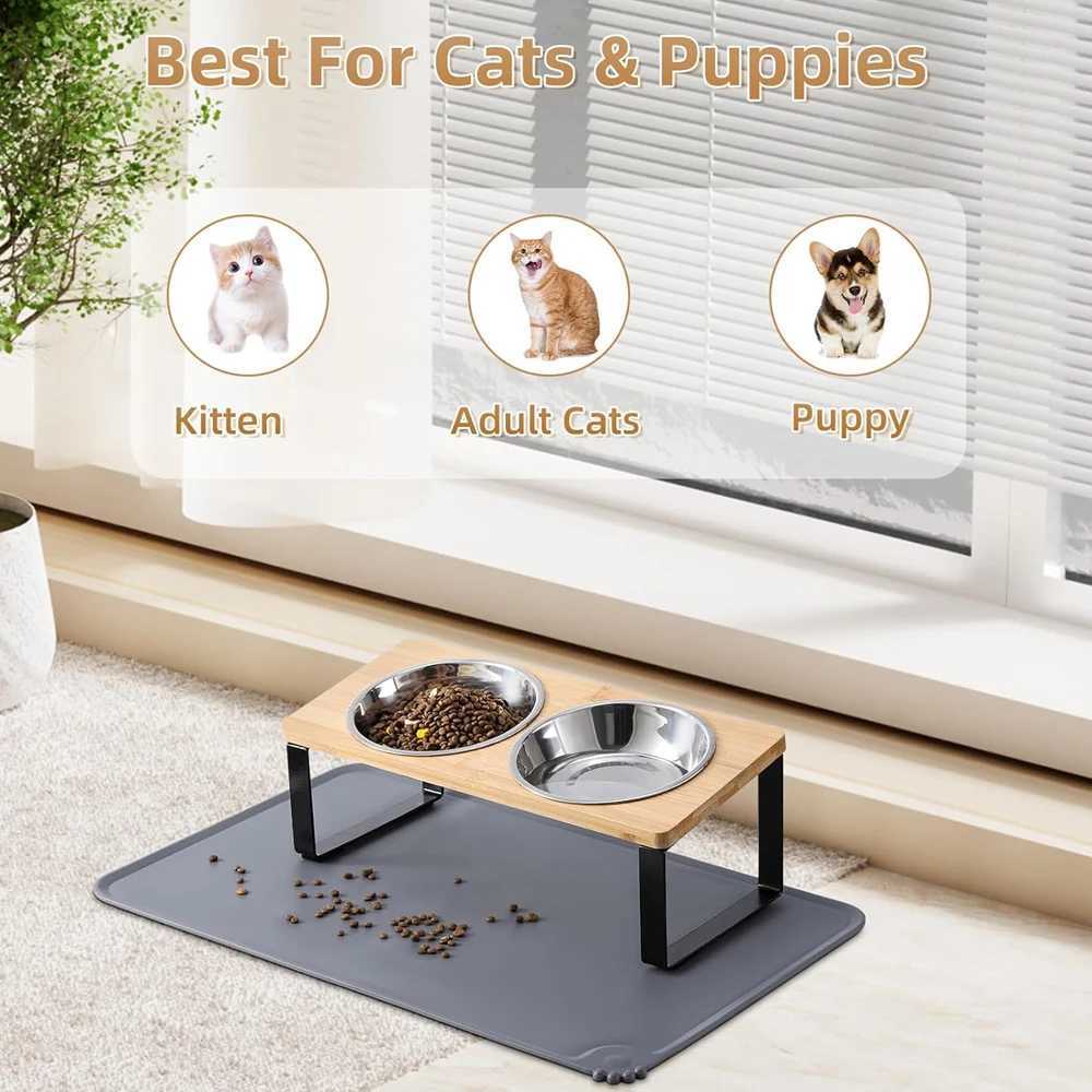 Elevated Cat Bowls with Food Mat 15 Tilted Stand Anti Vomiting Raised Cat Dishes with Silicone Pad for Food and Water for Cats C251009