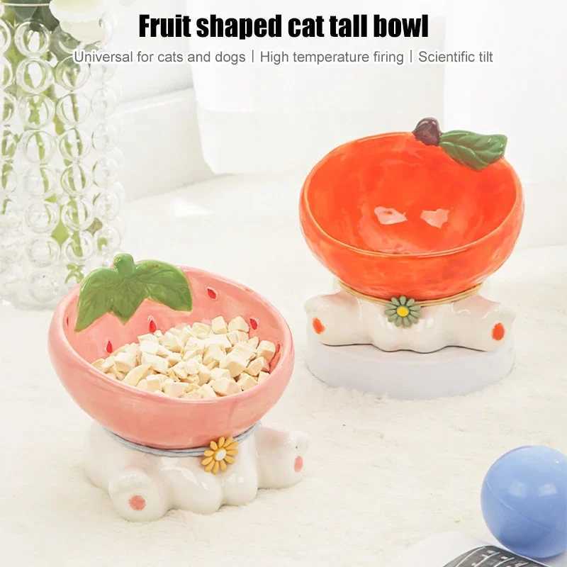 Cat Fruit Ceramic Bowl Elevated Pet Food Water Bowls Raised Small Dogs Tilted Drinking Eating Feeders Puppy Cats Accessories C251009