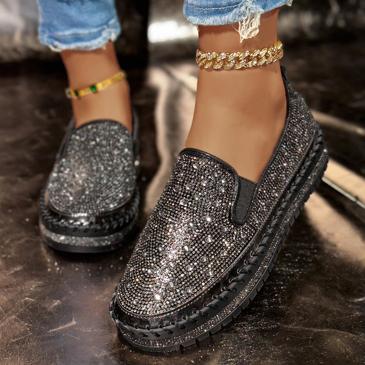 Women's Shoes 2026 Fashion Flats Rhinestone Bling Sewing Platform Loafers Luxury Shoes Casual Comfortable Female Shoes Designer Outdoor Sports Sh