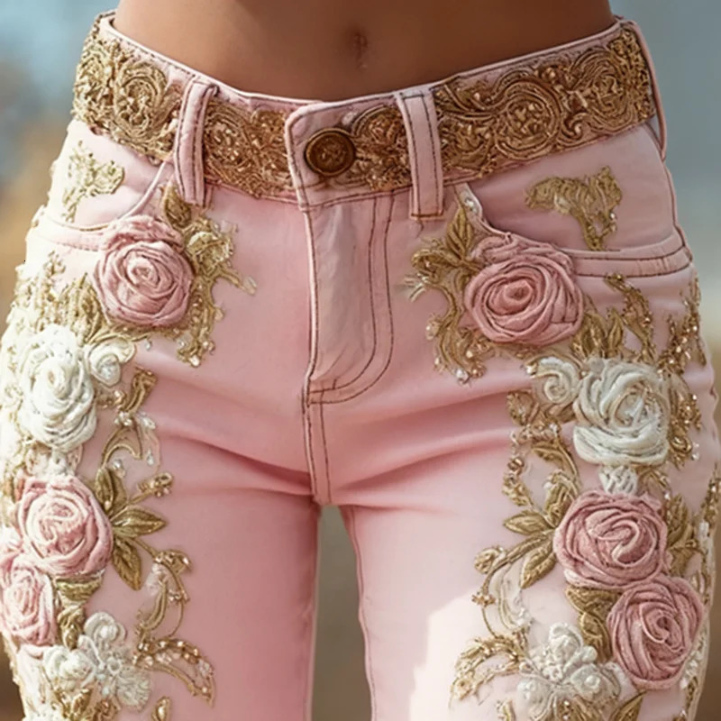 Romantic Pink Rose Flower Print Jeans Vintage Elegant Buttoned Womens Pants Autumn High Waist Slim Chic Trousers Harajuku Mujer 251010