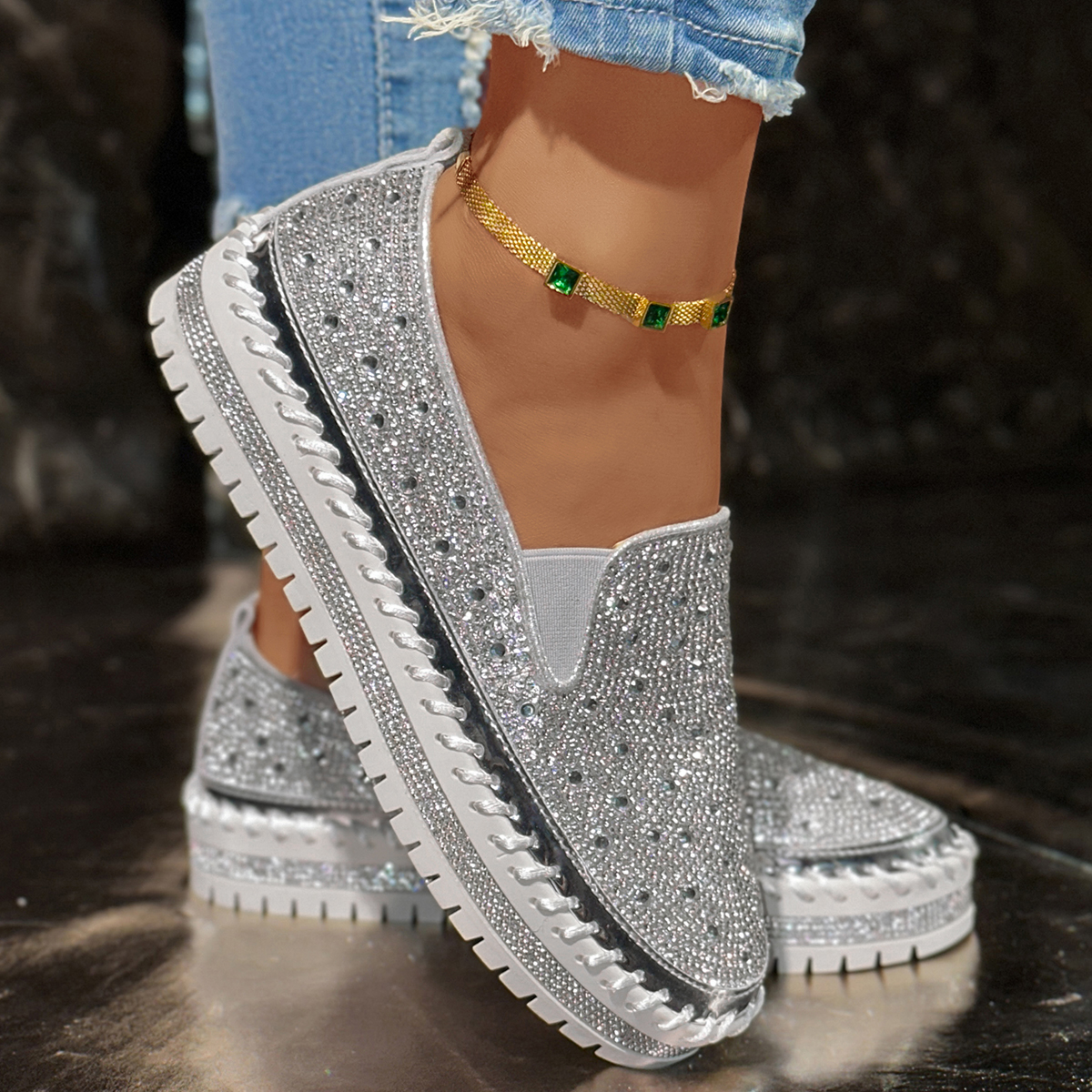 Women's Shoes 2026 Fashion Flats Rhinestone Bling Sewing Platform Loafers Luxury Shoes Casual Comfortable Female Shoes Designer Outdoor Sports Sh