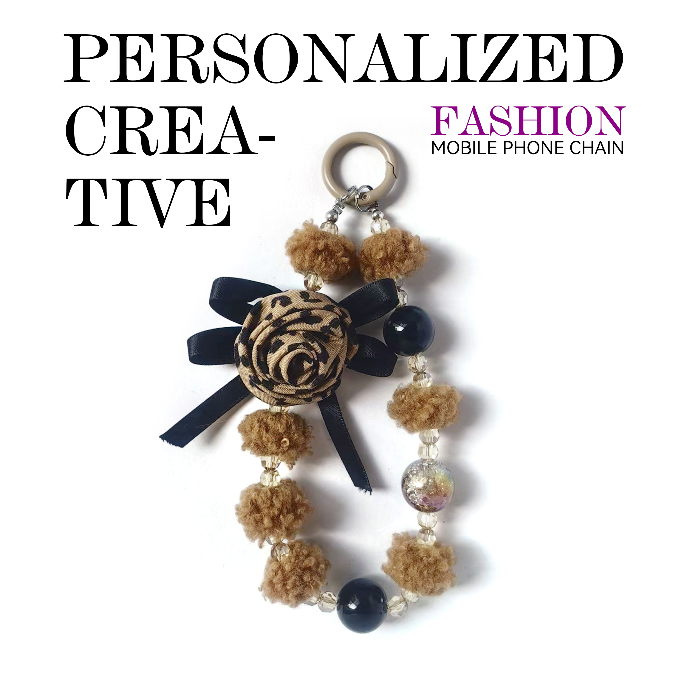 Leopard-print rose, plush ball bead phone strap, creative design, multiple colors available, stylish and versatile, anti-loss, easy to carry