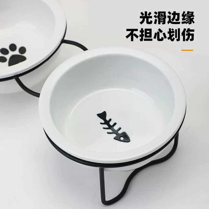 Ceramic Cat Bowls Set 2in1 Elevated Pet Feeder with Stand Dual Food Water Dish for Neck Support Anti Tip Dog Bowls C251009