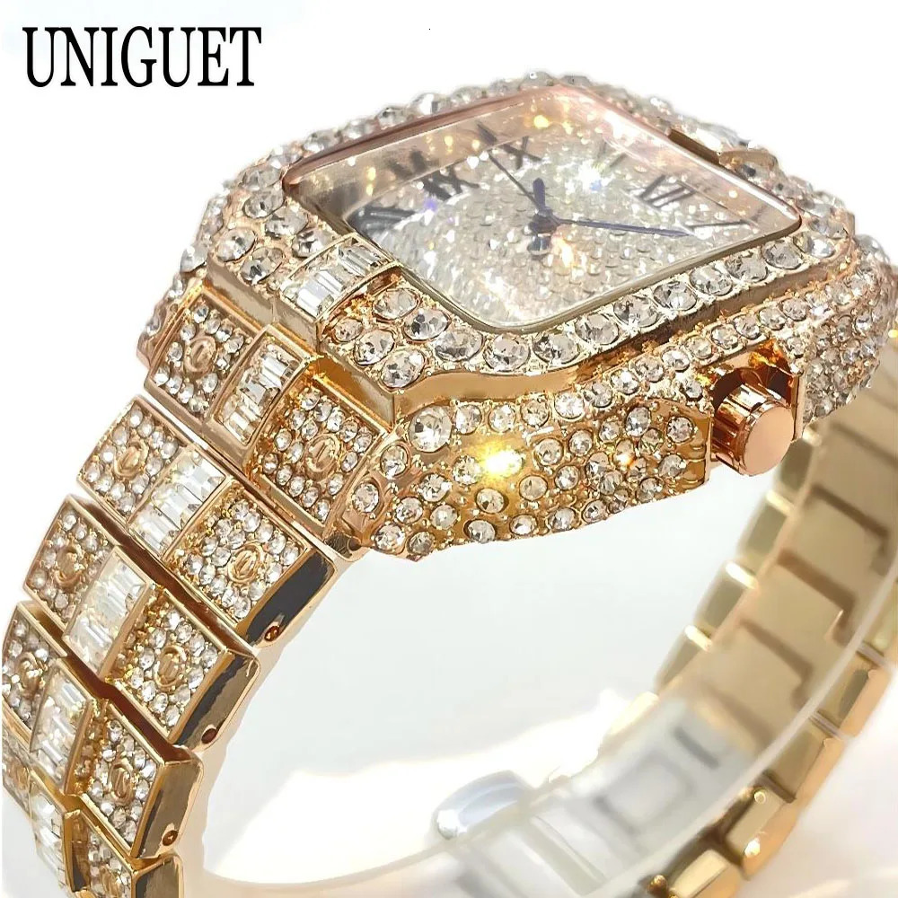 UNIGUET Fashion Watch For Men Rose Square Iced Out Quartz Watch Man Hip Hop Full Diamond Jewelry Wristwatch Reloj HombreU 251107