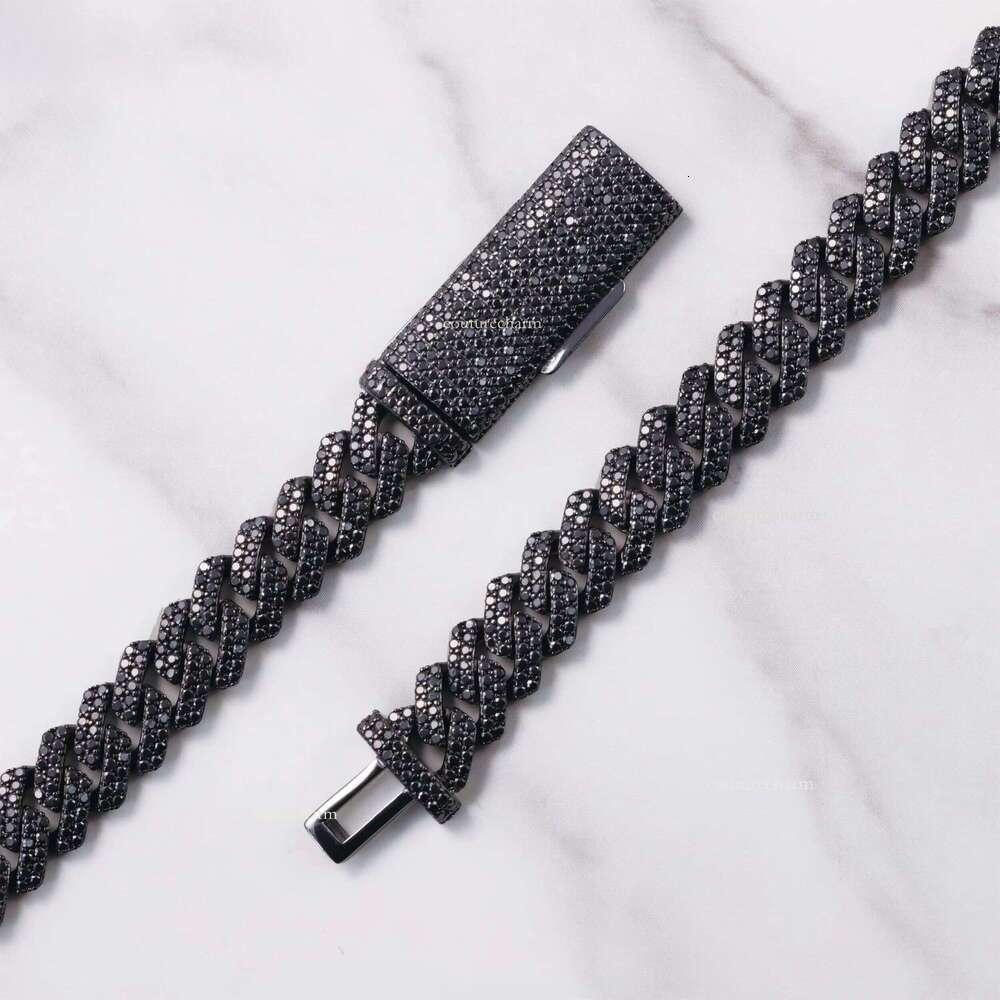 VVS Dia 2rows 10mm 12mm S Sier Hip Hop Necklace Men Black Moissanite Cuban Link Chain For Fashion Jewelry