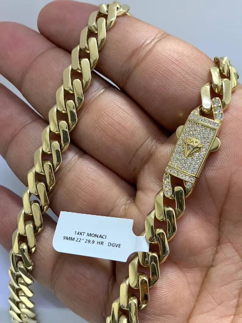 Mens Necklace and Bracelet Set Jewelry 9mm 14 Karat Real Gold 14k Solid Gold Monaco Link Chain With CZ Lock